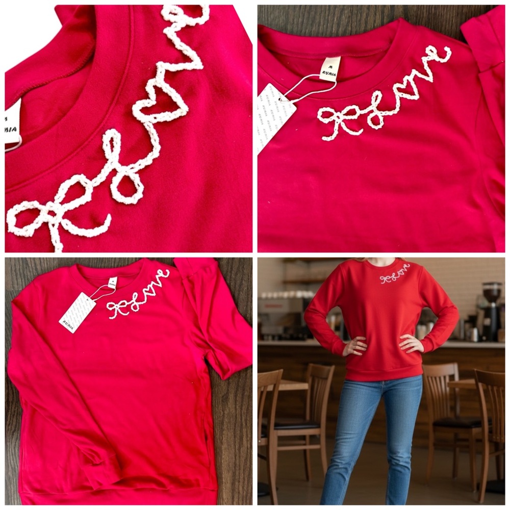 Pink NWT Soft Lightweight Fleece Sweatshirt Hand Drawn and Hand Embroidered Love